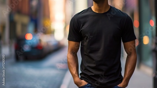 Man model shirt mockup. Boy wearing black t-shirt on street in daylight. T-shirt mockup template on hipster adult for design print. Male guy wearing casual t-shirt mockup placement.