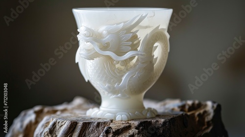 a white dragon is carved on the white jade wine glass