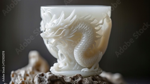 a white dragon is carved on the white jade wine glass