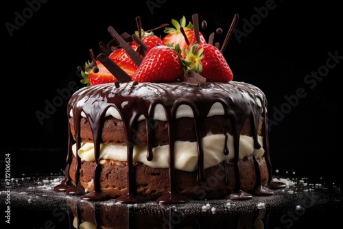 Chocolate drip cake on black background Layered milk black and white chocolate souffle with strawberry decorations Confectionery background ample area f