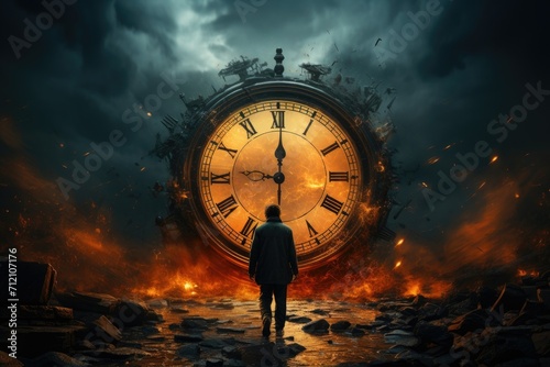 Clock running into a background with a person going through, in the style of poster. Time traveler background concept.