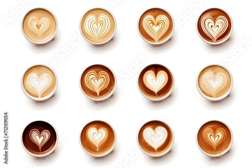 Heart sign top view coffee cup assortment isolated on white background