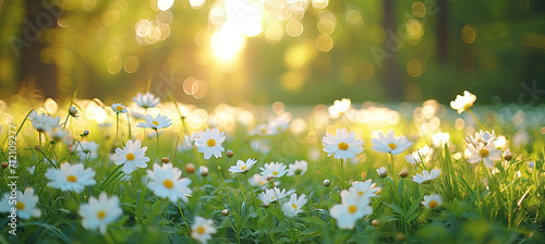 Spring flowers bloom. Abstract soft focus field. Landscape of white flowers blur grass meadow clear sunny day time. Tranquil spring summer nature closeup forest background