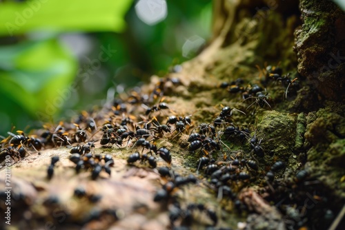 Busy colony of ants working together in a forest underbrush