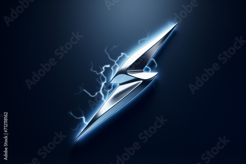 A metallic, chrome lightning bolt with energy field on a dark blue background