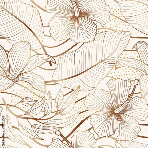 Gold Outline floral seamless pattern with leaves. tropical background