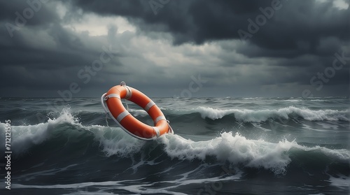 A lifebuoy floating on a wavy sea on a cloudy sky with storm and rain from Generative AI