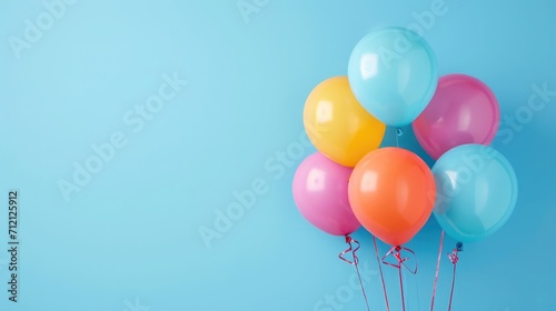 Bunch of bright balloons on light blue background, space for text.