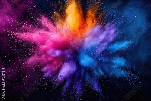 Holi festival, Colorful magic explosion on dark background. Generative ai