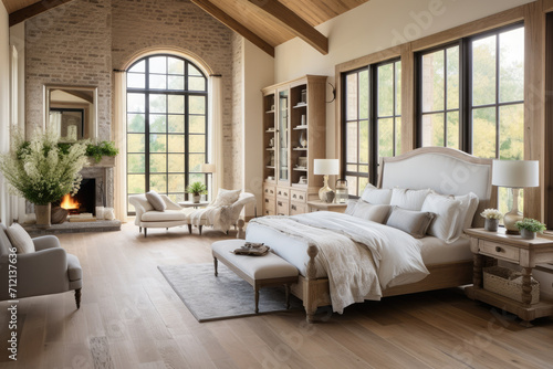 A modern bedroom with French country charm, where traditional farmhouse style meets contemporary elegance and simplicity.