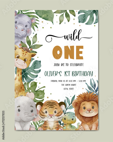 Birthday invitation safari theme watercolor template background