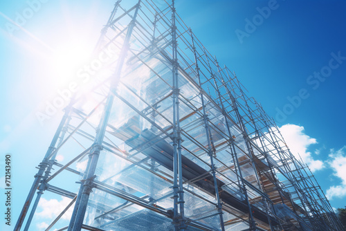 Set up scaffolding for building renovation of old architecture or construction made of steel clamped frame for strength with cover canvas for health environment transparent background Generative Ai