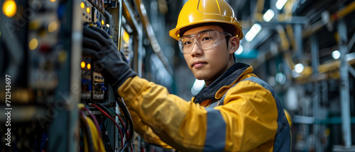 asian man commercial electrician with staff at work on a fuse box in factory, adorned in safety gear,generative ai