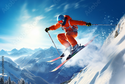 a man skiing on the top of a hill in the sun, luxurious, light yellow and azure, precision of line, smooth and polished, photo taken with provia, low-angle, dramatic,