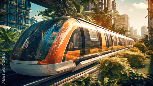 A moving high-speed electric train symbolizes progress and technological achievements. EcoMotion: ushering in a futuristic revolution in green transport.