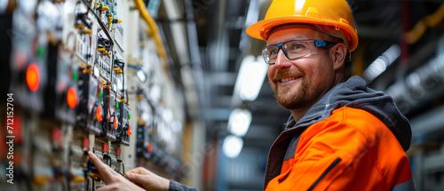 male commercial electrician at work on a fuse box in factory, adorned in safety gear,genertative ai