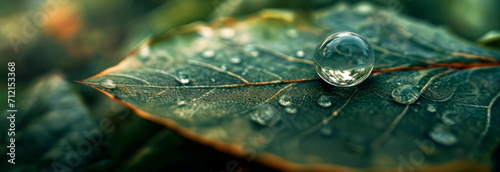 drops of water on a leaf in macros, emphasizing the spherical shape and texture of the surface.Generative AI