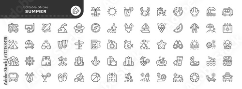 Set of line icons in linear style. Series - Summer and summer holidays. Travel and tourism. Vacation at the hotel, on the sea and on the beach. Outline icon collection. Conceptual pictogram
