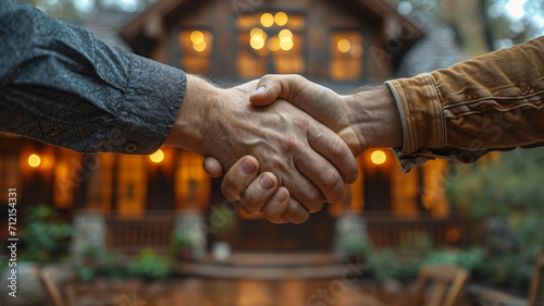 residential house businessman banker shake hand with customer after successful agreement and signing house contract, real estate concept ,generative ai.