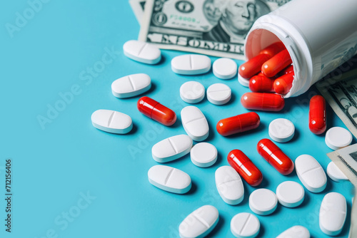 pills and money on a blue background, the high cost of treatment