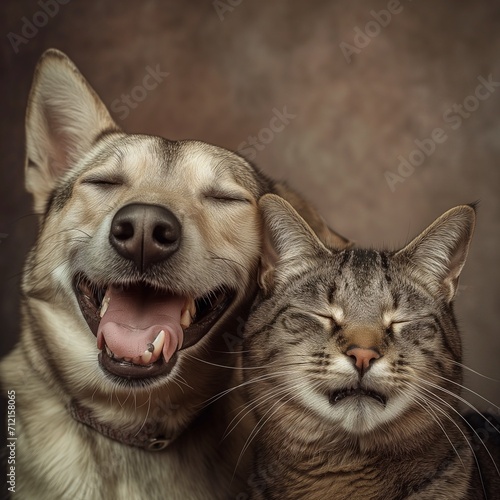 cat and dog lying and posing for picture with eyes closed