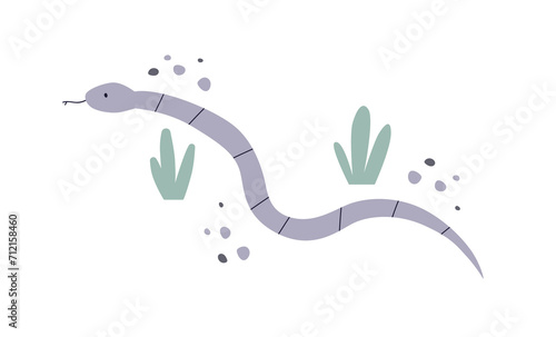 Cute snake in Scandinavian style. Serpent, viper crawling in nature. Kids animal. Scandi nordic invertebrate fauna. Childish flat vector illustration isolated on white background