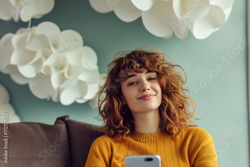 Red-Haired Girl in Yellow Sweater with Cloud Perspective, Connected and Secure