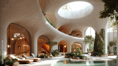 Organic resort, Futuristic Aesthetic architecture, Natural Materials. Generative AI.