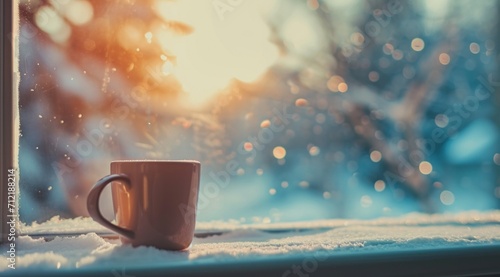 coffee cup sitting beside a window during the winter time