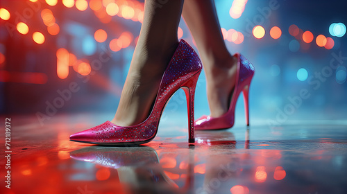 Legs in high heels shoes, woman wearing neon pink shoes for birthday party, Valentine day, International Women day, cropped, isolated on blue background