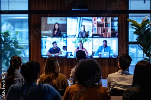 Diverse company employees having online business conference video call on tv screen monitor in board meeting room. Videoconference presentation, global virtual group corporate training concept. 