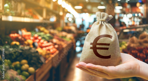 Money bag on the background of a grocery store counter with fresh organic vegetables and fruits. Concept of cost of goods and food products. Grocery set. Import and export