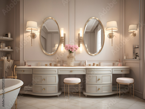 Modern bathroom with sinks and a large mirror