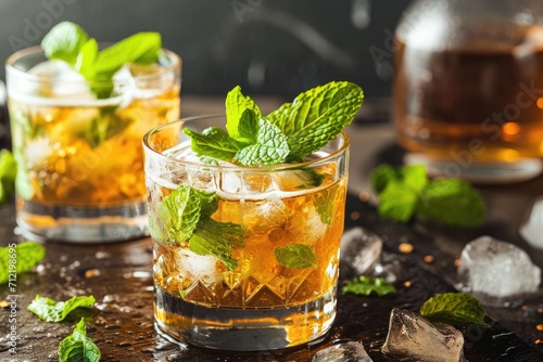 Cold classic mint julep with bourbon and mint