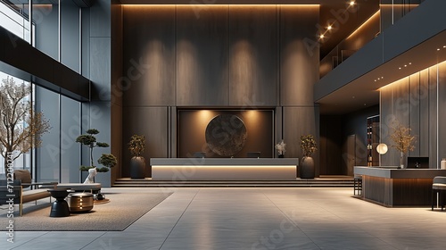 The largest sales reception hall with a Zen minimalist style, Dark gray and beige. Generative AI.