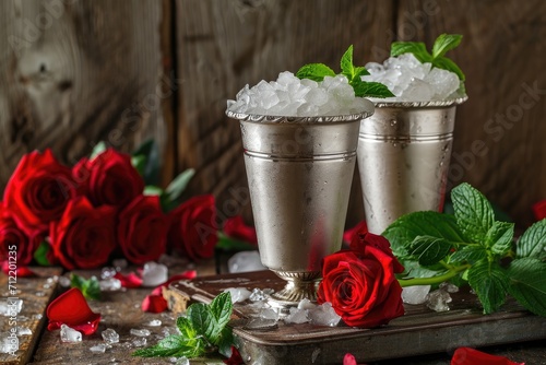 Two silver cups with crushed ice fresh mint red roses in a rustic setting
