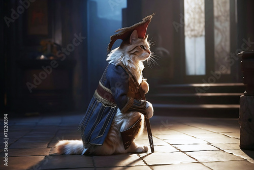 Kneeling anthropomorphic cat musketeer