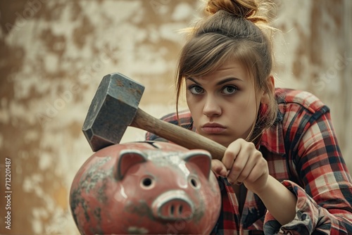 girl with a hammer looking at a piggy bank