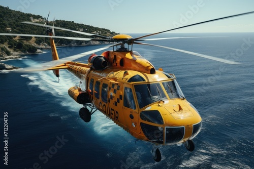 Coast Guard Helicopter Search and Rescue descending on ship at blue sea