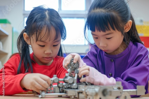 Two Asian kindergarten students are building a machine using different metal components in a very bright classroom. 