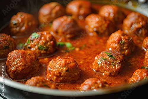 Freshly made meatballs in sauce served in a pan