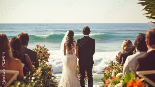 Seaside wedding bliss, waves crashing as a picturesque backdrop to an unforgettable ceremony