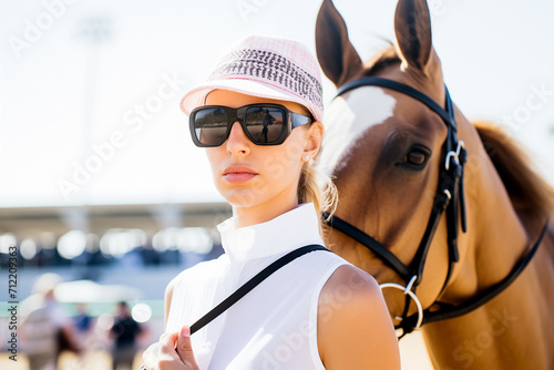 Generative AI image of emotionless woman in sporty attire with a hat and sunglasses at a horse racing event