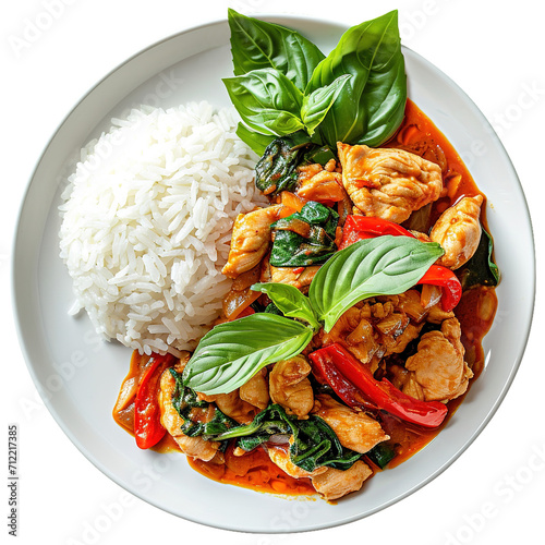 Pad Kra Pao Basil Chicken isolated on white transparent background, top view, ultra realistic food photography