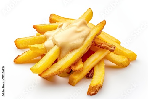 Tasty cheese sauce on white background covering French fries