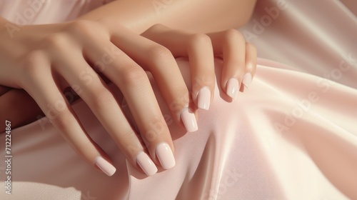 Woman hand with nude shades nail polish on her fingernails. Nude color nail manicure with gel polish at luxury beauty salon. Nail art and design. Female hand model. French manicure Ai generated