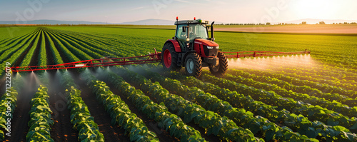 Tractor spraying pesticides in soybean field during springtime 