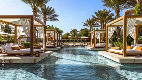 A luxury poolside experience, where guests bask in the opulence of cabanas
