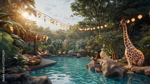 A jungle adventure pool party with animal-themed decorations and kids in safari outfits