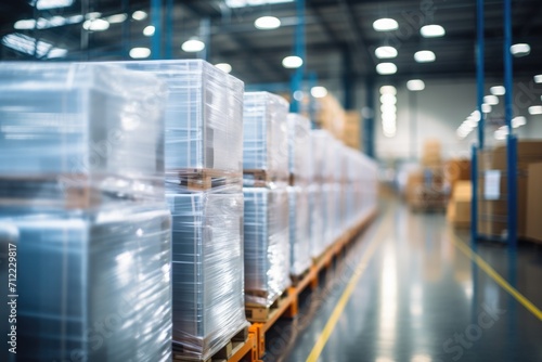 Pallets of shrink-wrapped boxes in a warehouse with overhead lighting.